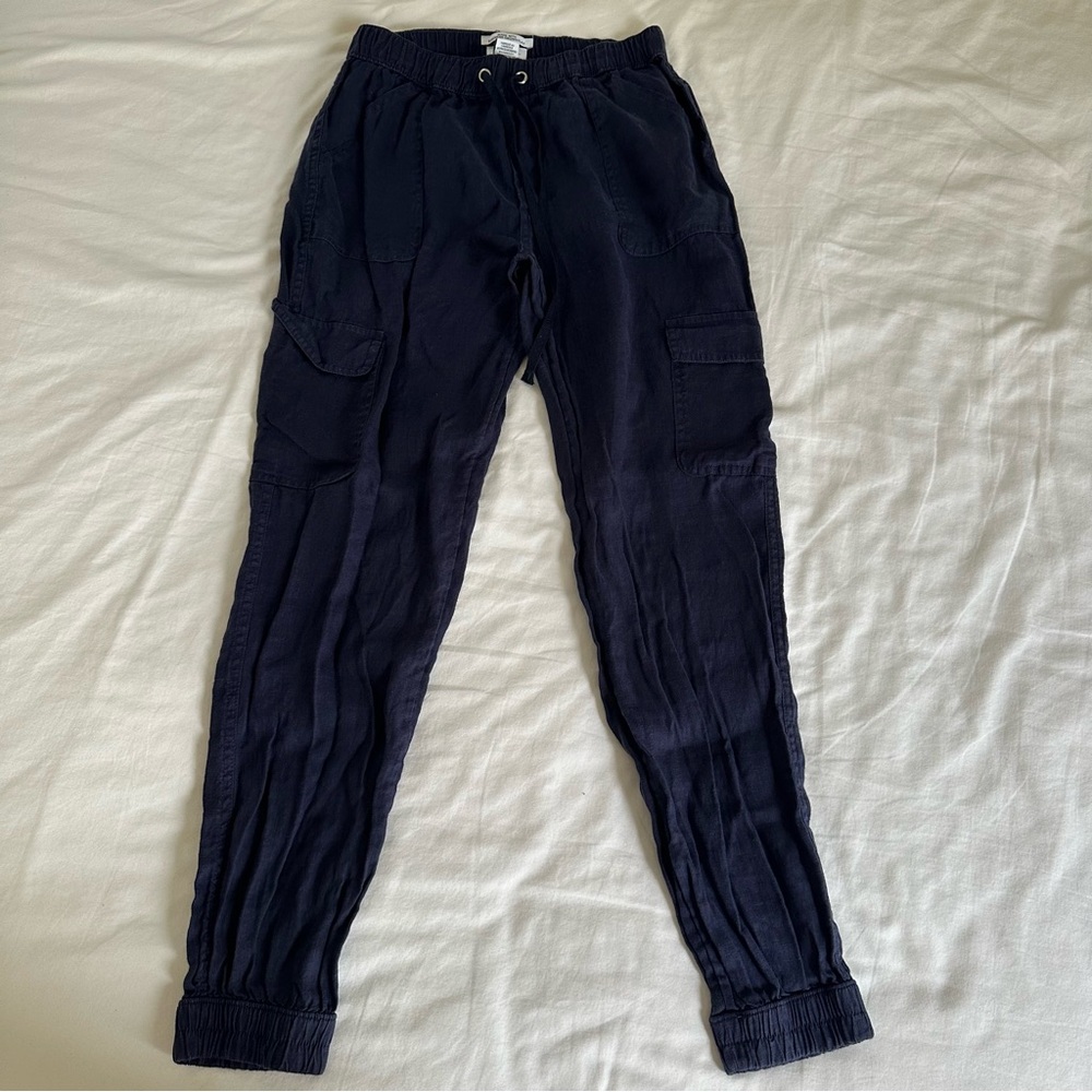 Navy Linen Cargo Jogger Pants
